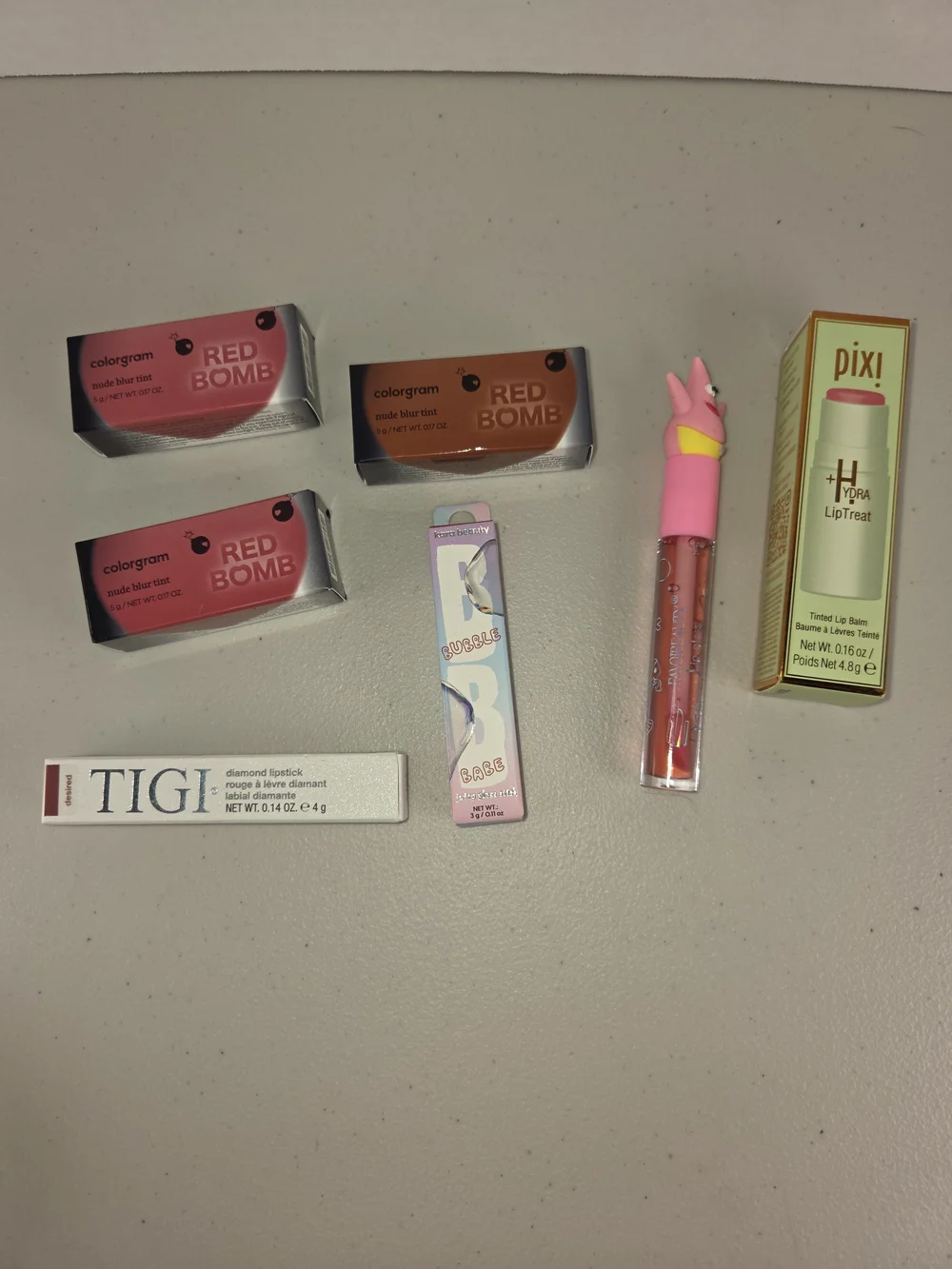 7 Piece Lip Bundle 3 Red Bombs Pixi Lip Balm Patrick Lip Gloss TIGI Lipstick